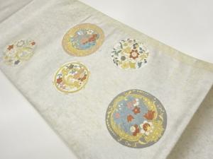 青銅箔丸文に草花模様織出し袋帯